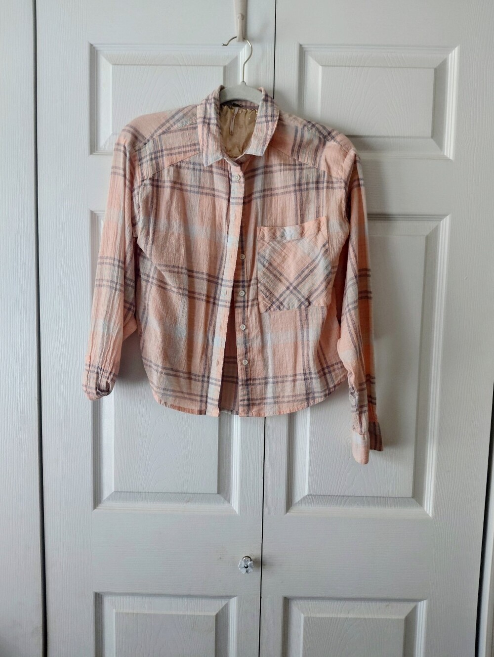 Women's Peach Plaid Button-Up Shirt